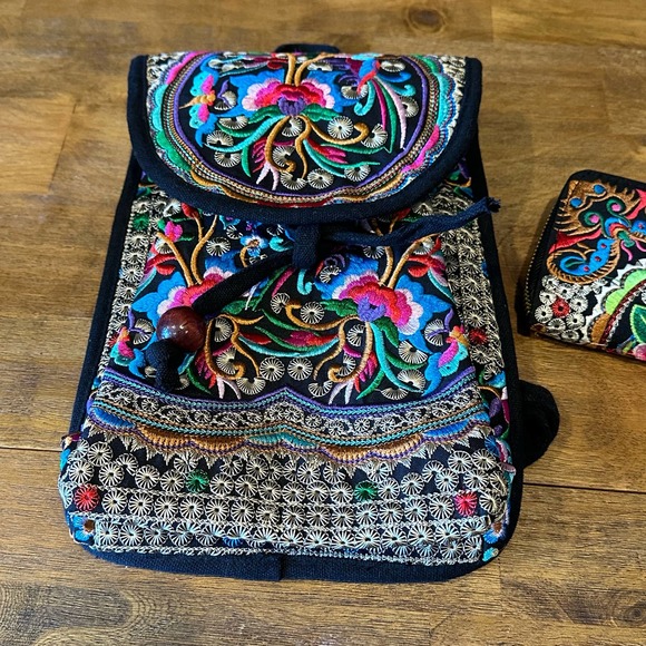 Embroidered Backpack Travel Set W/ Wallet Colorful Small Backpack New Boho - Picture 2 of 14